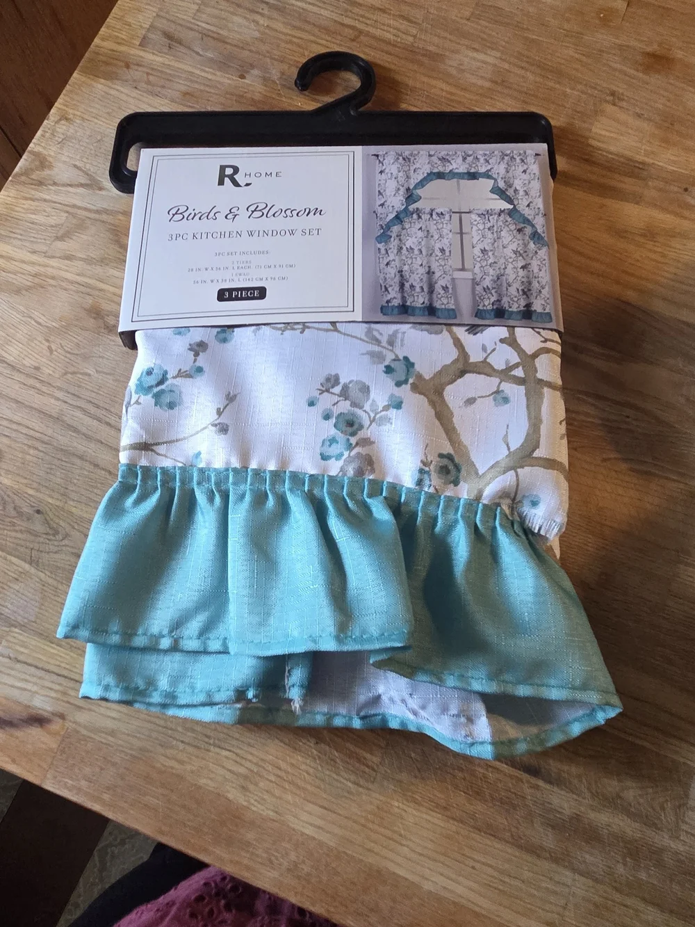 New -Birds & Blossom 3-Piece Kitchen Window Set - White with Teal Floral